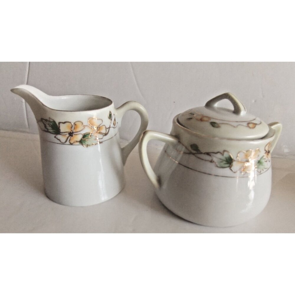 Nippon Hand-Painted Floral with Gold Trim Sugar Bowl & Creamer Set